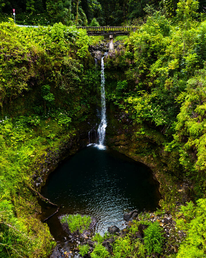Tropical waterfall and rainforest in Maui Hawaii