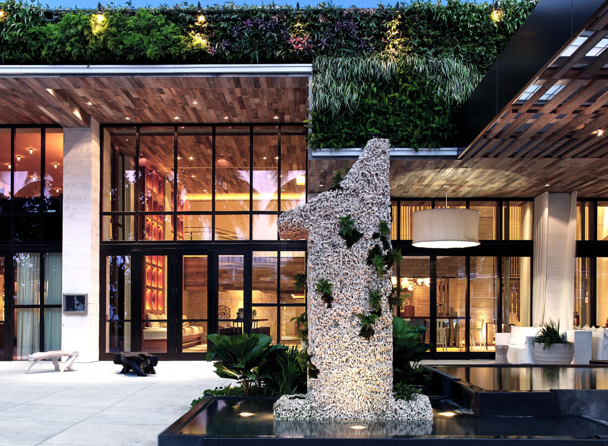 Upscale Miami Beach hotel and tropical courtyard