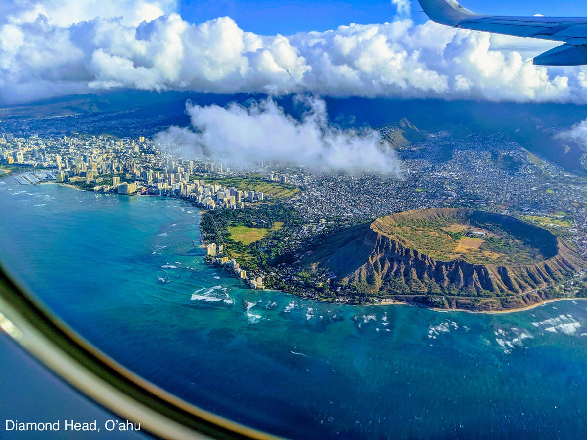 Aerial view of Diamond Head and Honolulu coastline on O’ahu Hawaii