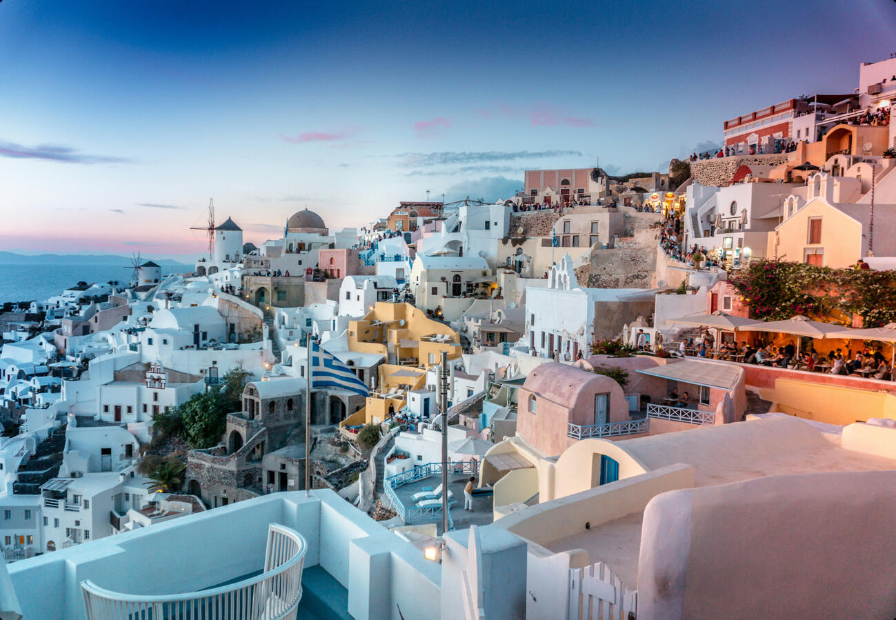Whitewashed buildings overlooking the Aegean Sea in Santorini Greece